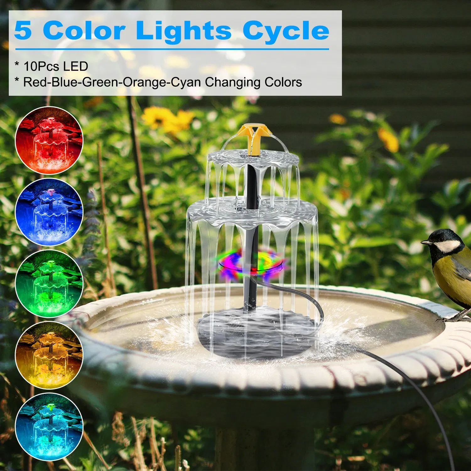 Main product image of Solar Fountain Pump, 6W Panel, Battery Backup, IP68, 9.84ft Cable, LED