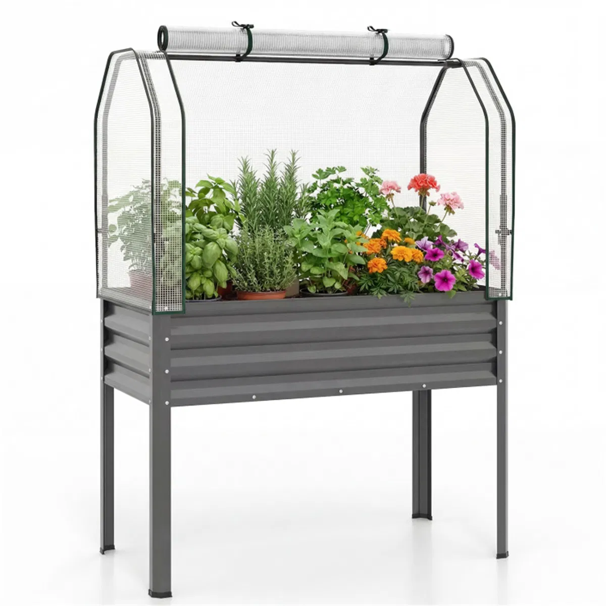 Main product image of 3-in-1 Metal Raised Garden Bed with Mini Greenhouse Cover, Elevated Planter Box - Gray