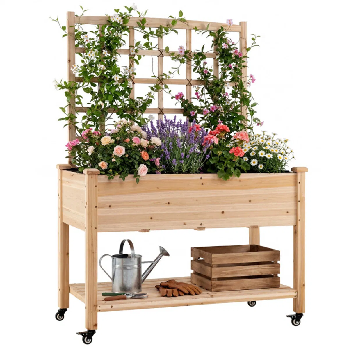 Main product image of 47" Fir Wood Raised Garden Bed with Trellis and Rolling Wheels