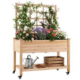Product image of 47" Fir Wood Raised Garden Bed with Trellis and Rolling Wheels