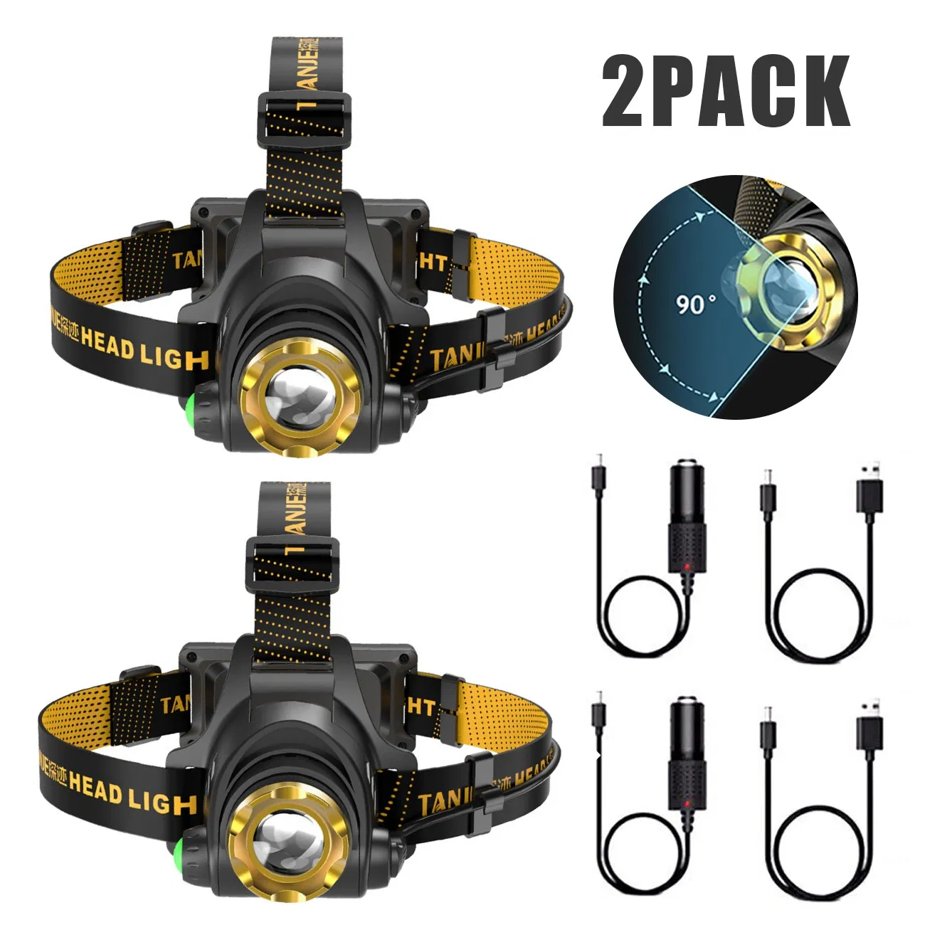 Main product image of 2-Pack USB Rechargeable LED Headlamp, 3-Modes, with Car Charger and USB Cable