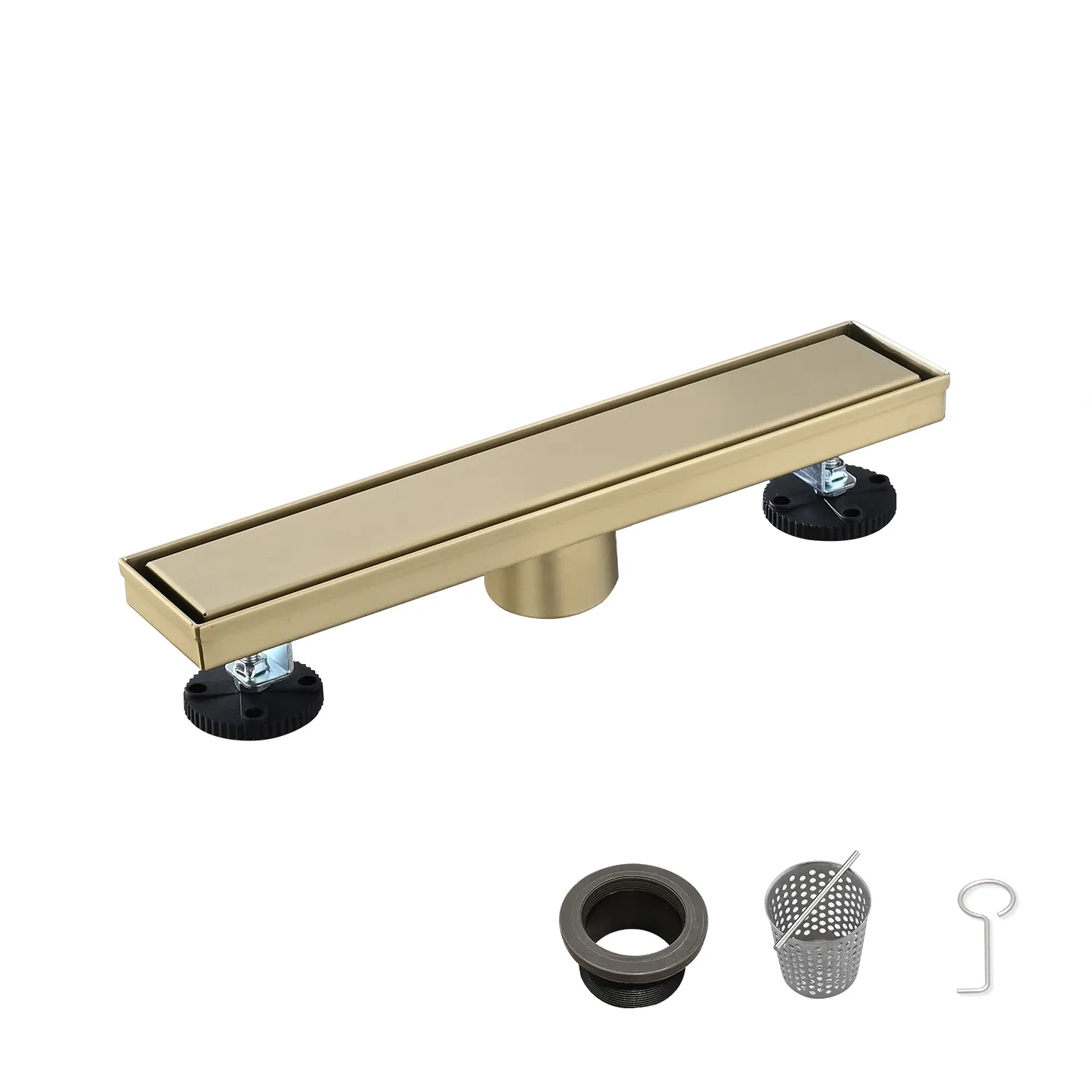 Main product image of 12 Inch Linear Shower Drain, 304 SS, Reversible Cover, Hair Strainer, Brushed Gold