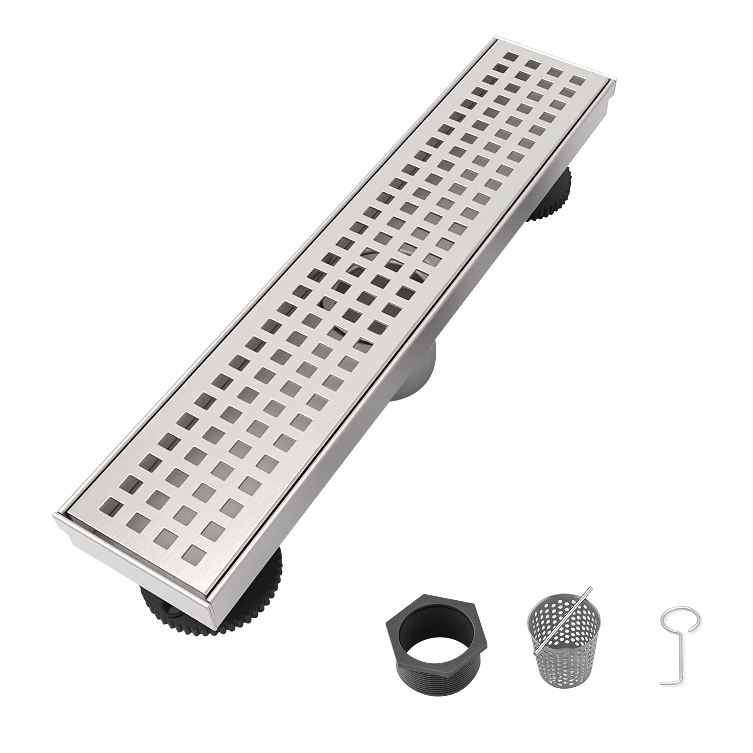 Main product image of 12 Inch Linear Shower Drain, 304 SS, Brushed Nickel, Square Grate, Strainer, Leveling Feet