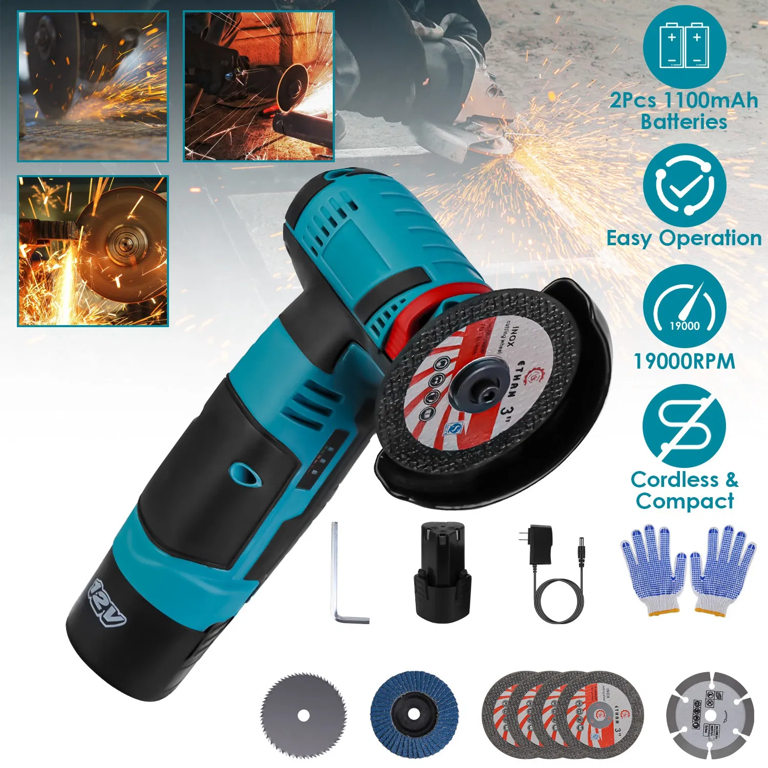 Main product image of Cordless Mini Angle Grinder, 2x12V 1100mAh, 19000RPM, with Cutting/Saw/Sanding Discs