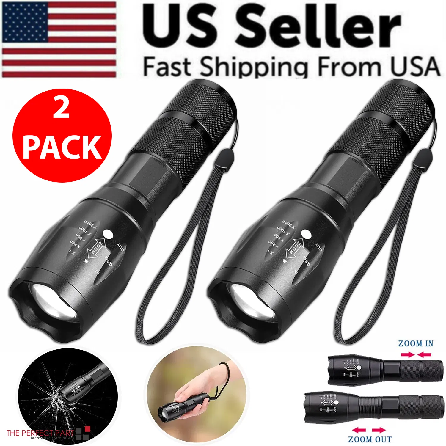 Main product image of 90000LM LED Tactical Flashlight, 5 Modes, Zoomable