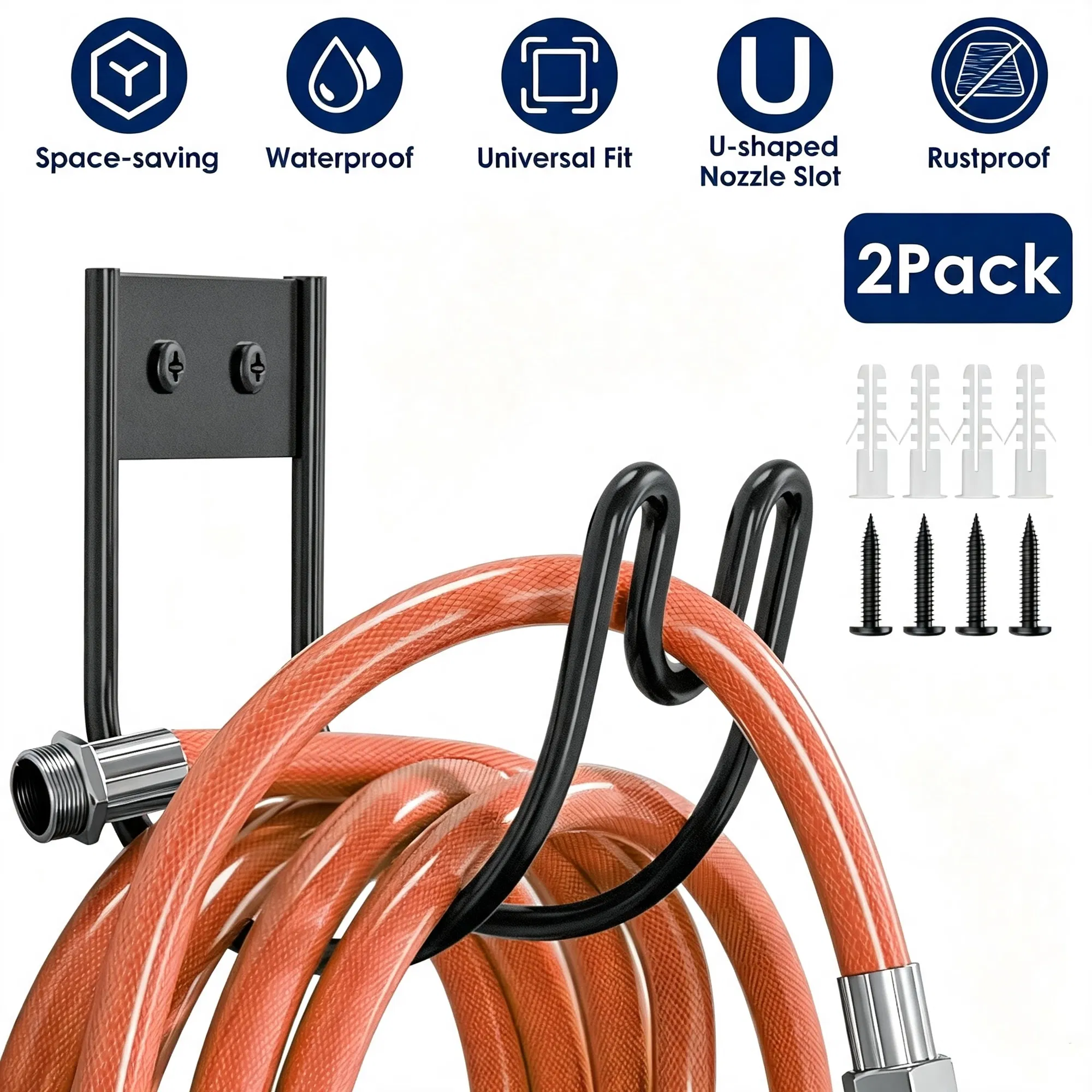 Main product image of 2PCS Garden Hose Wall Mount Holder, Rust-Resistant 304 Stainless Steel Hose Organizer, U-Shaped Nozzle Slot, Fits Multiple Hose Sizes for Backyard & Garage