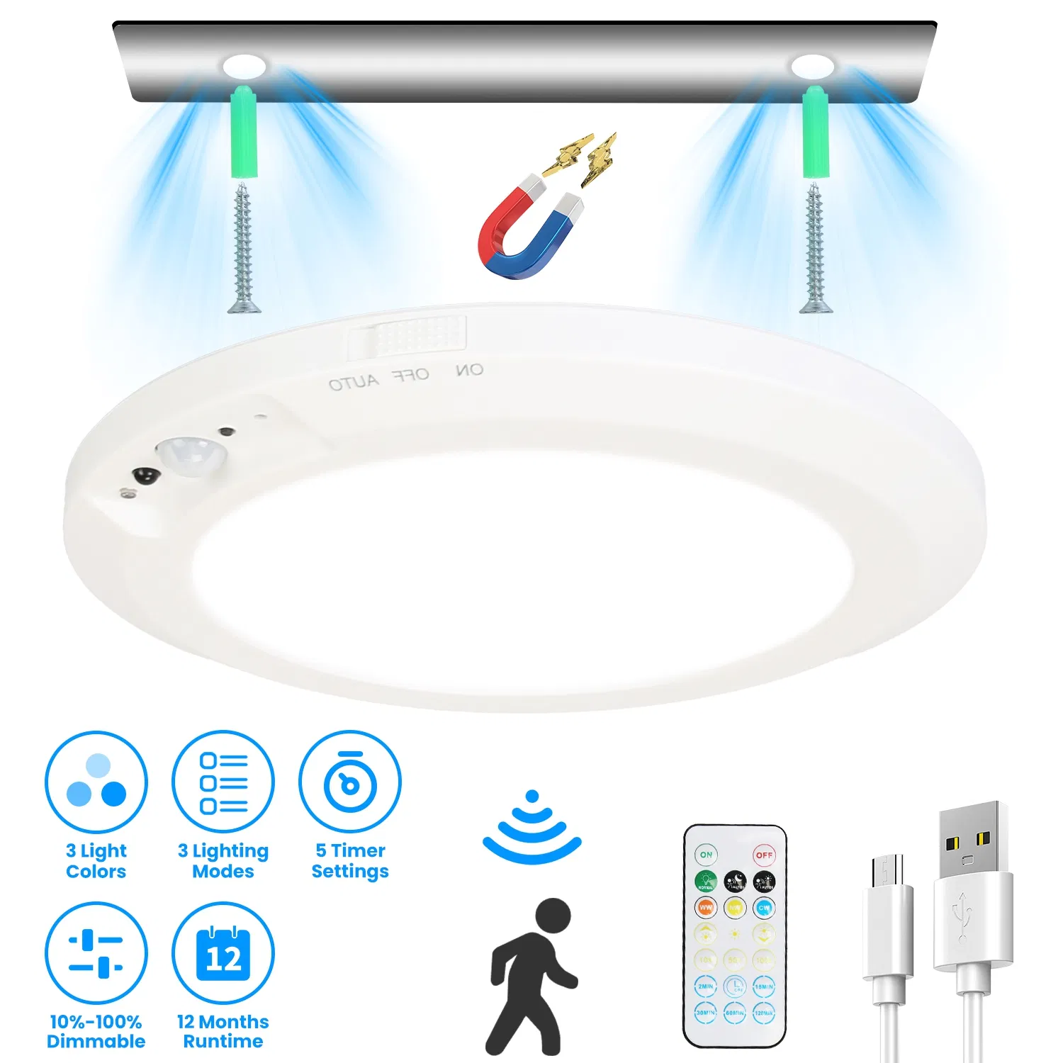 Main product image of Magnetic USB Rechargeable Ceiling Light with PIR Motion Sensor, 3 Color Temperatures Stepless Dimmable Remote & Button Dual Control Timer Setting Magnetic Adhesive Mount for Closet Hallway Basement