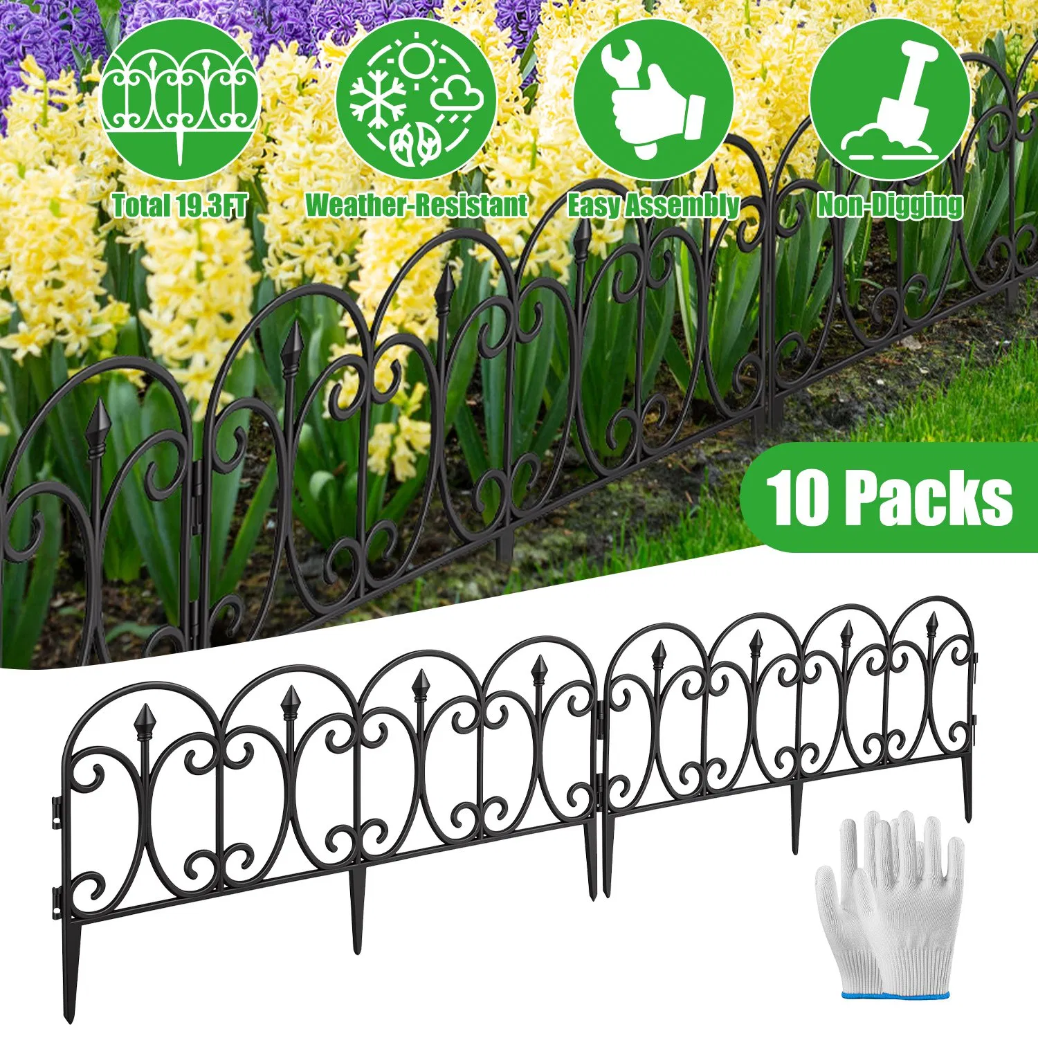 Main product image of 10 Pack Flexible Garden Edging, 19.3FT Interlocking PP Landscape Border with Angle Adjustable Panels, Weather Resistant No Dig Lawn Fence for Flower Bed Pathway Yard Decor