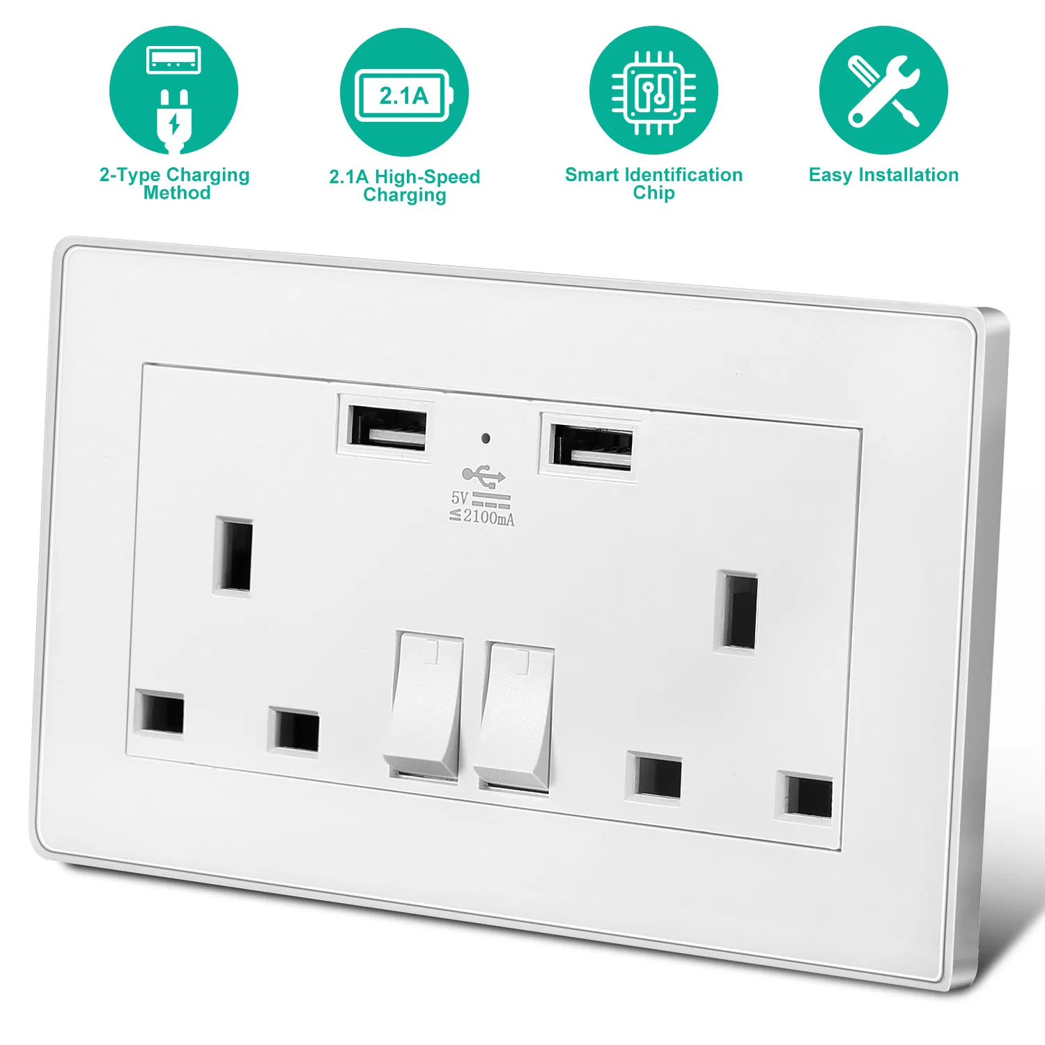 Main product image of UK Wall Outlet Dual Wall Plug Socket Duplex 2.1A USB Wall Charger with Plug Switch Light Indicator