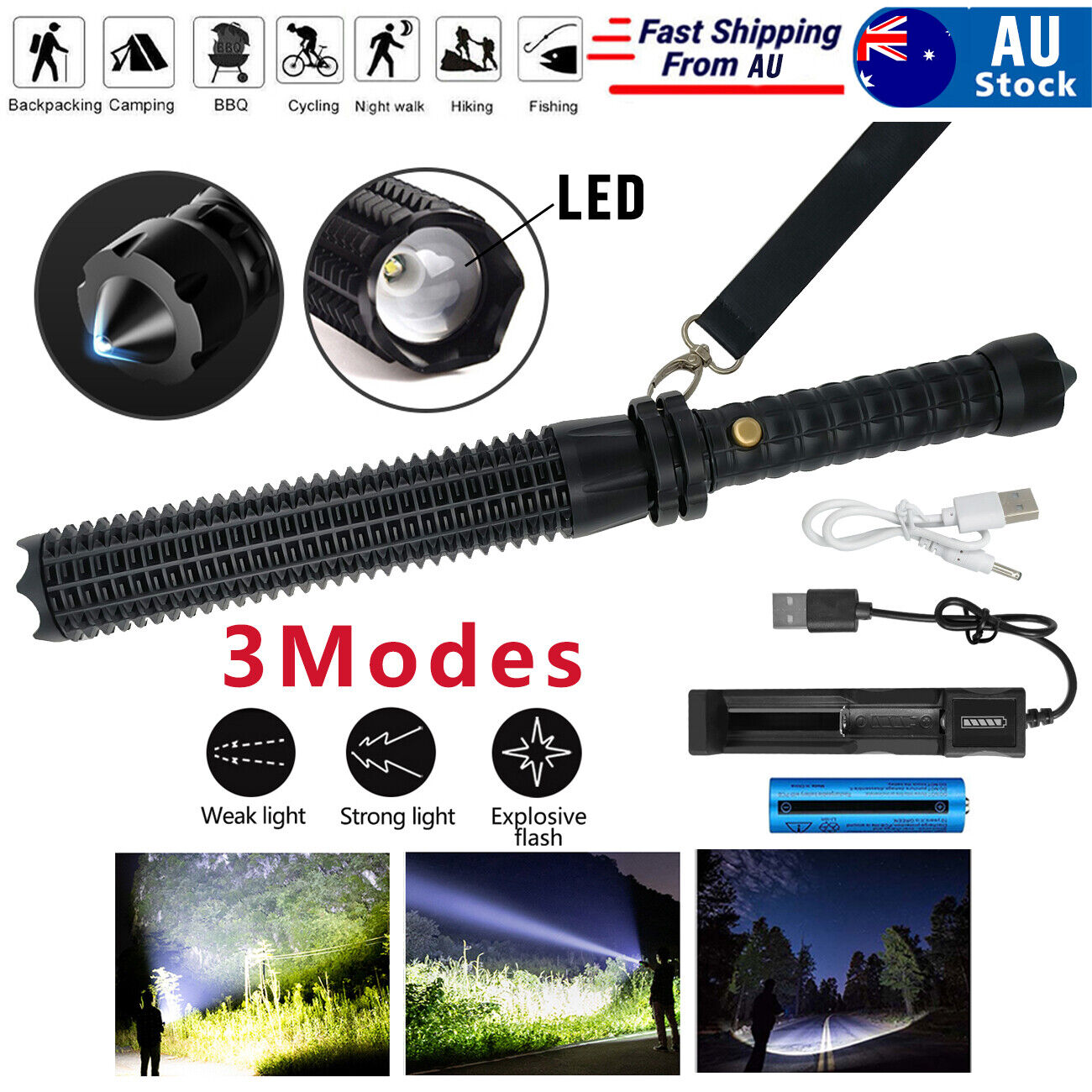 Main product image of Rechargeable LED Zoom Flashlight, Baton-Style for Security Use