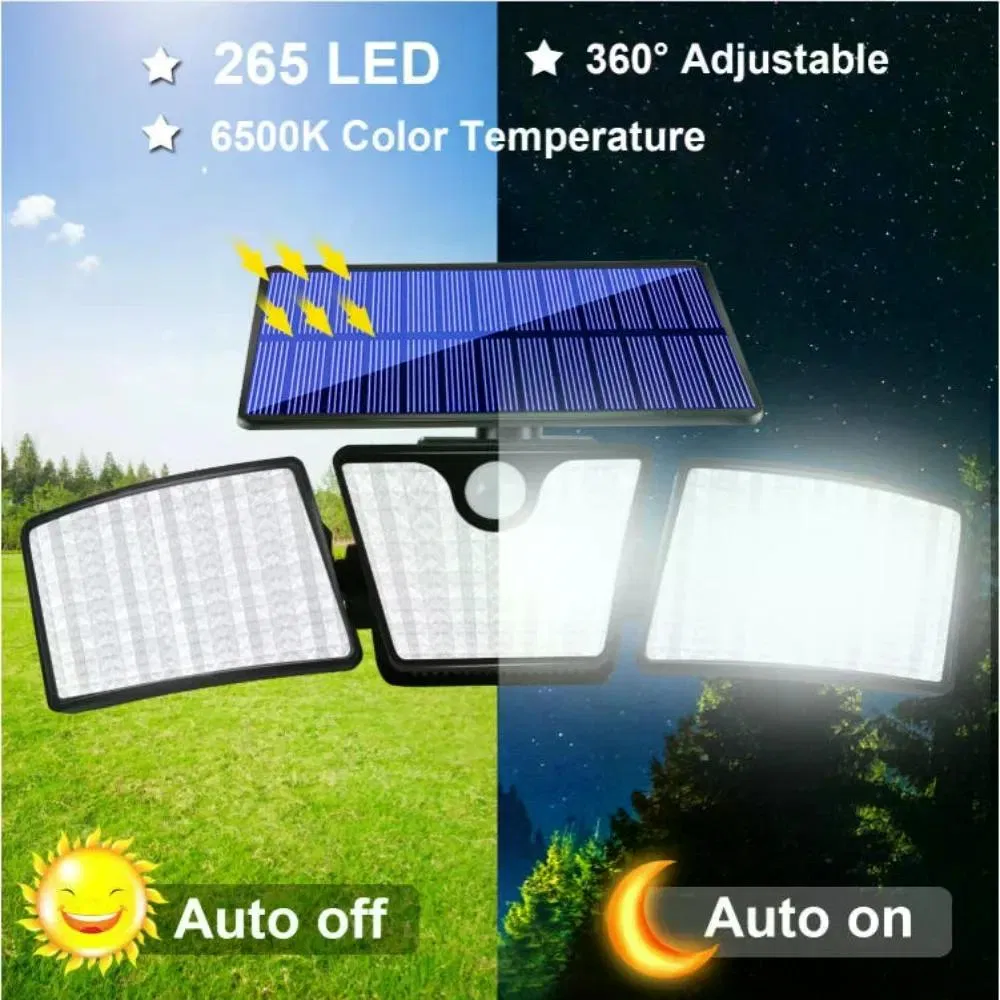 Main product image of 265 LED Solar Motion Sensor Wall Light, IP65, 3-Head Adjustable, 3000LM, 6500K