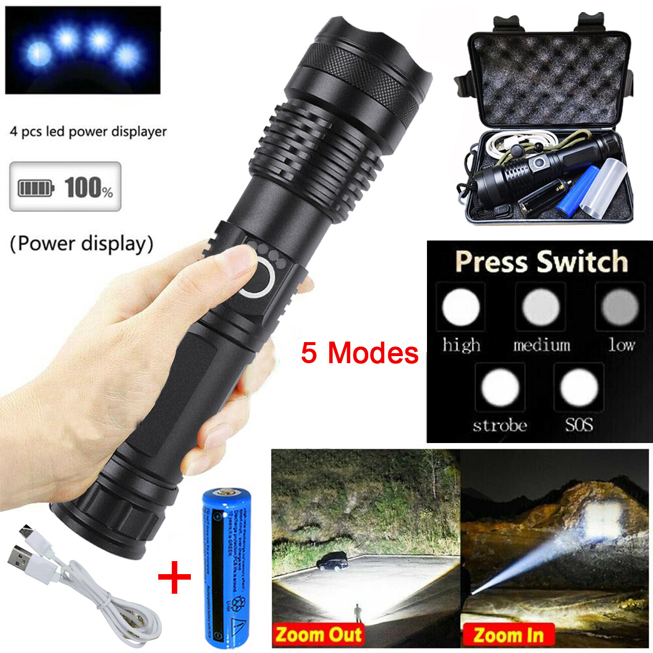 Main product image of Powerful 99,000,000 LM Military USB Tactical Flashlight With LED Charging