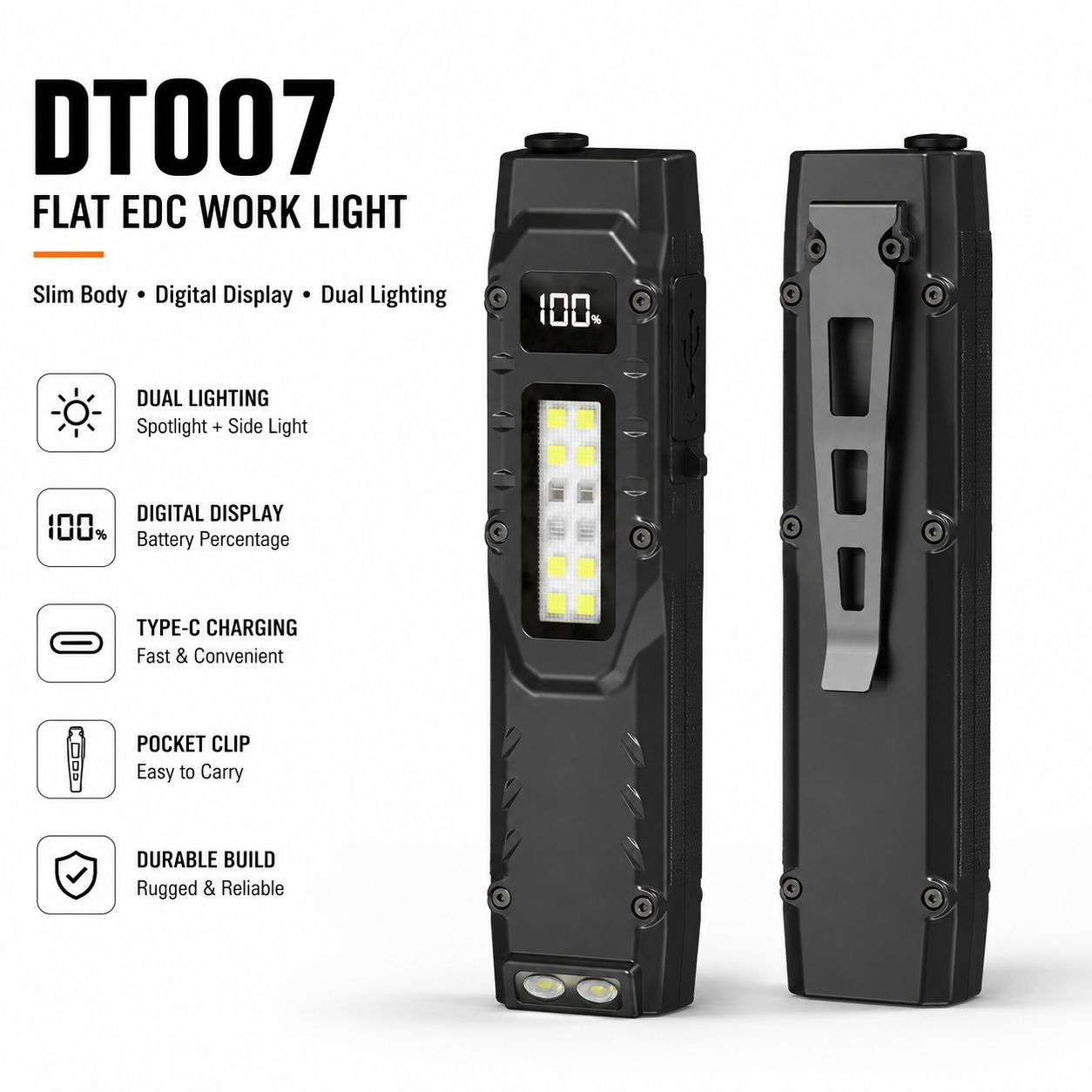 Main product image of Rechargeable UV LED Flashlight, DT007, 1200LM, Type C, Battery Display