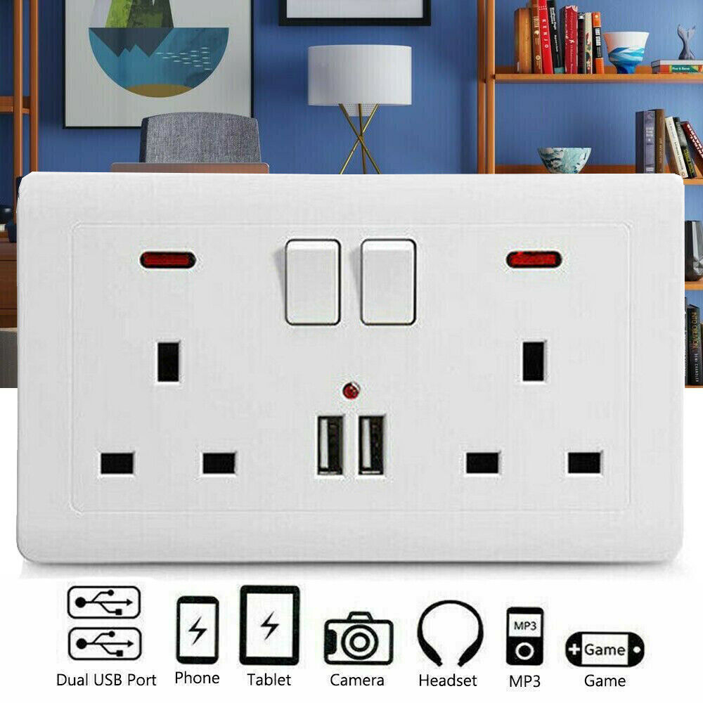 Main product image of Double Wall Socket, 13A, USB Charger Ports, Flat Plate, UK