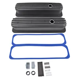Product image of Black Finned Tall Valve Covers, 3-11/16in H, Center Bolt, Chevy 305, 350, 450