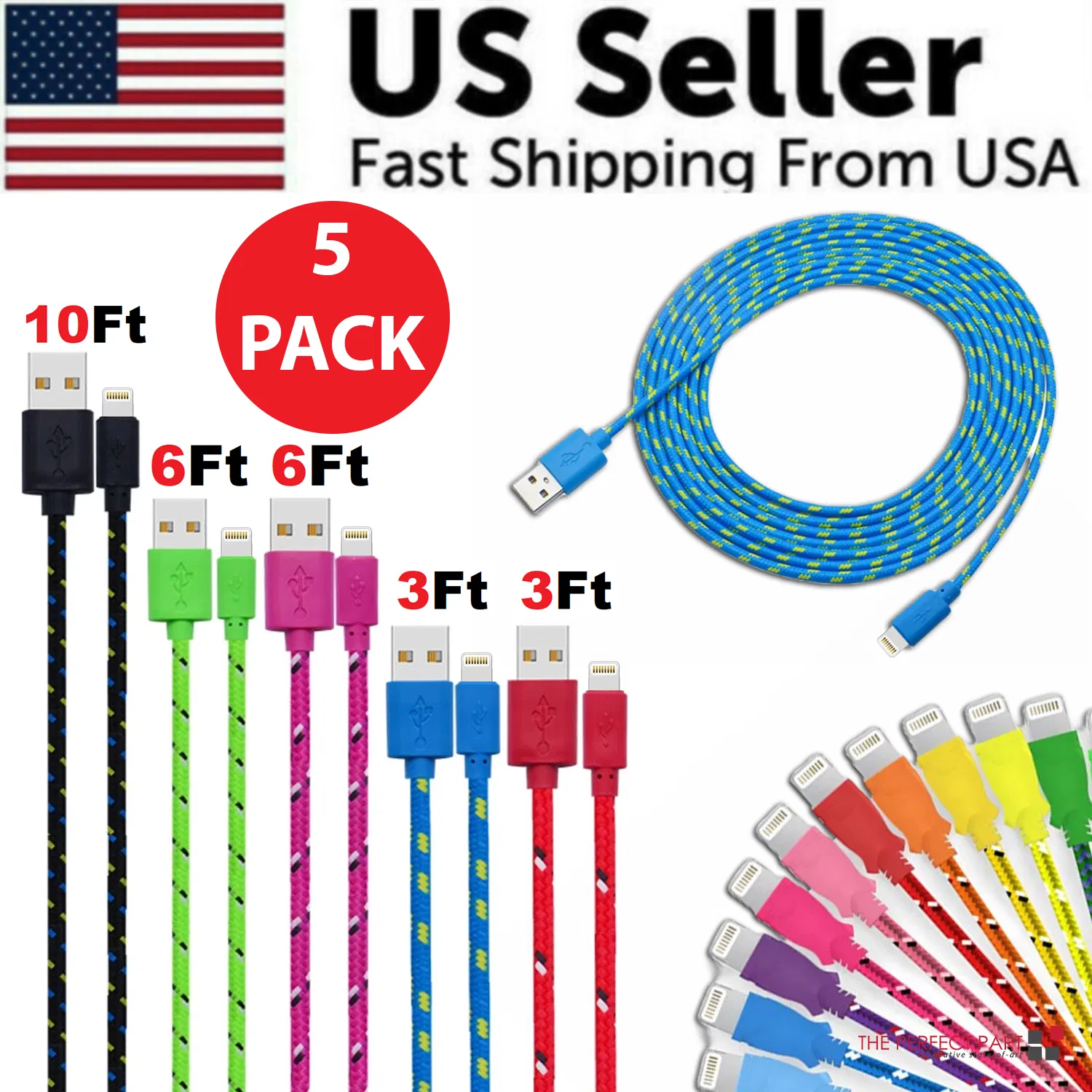Main product image of Apple iPhone iPad Charging Data Cable, Nylon Braided, 5-Pack 3/6/10 ft