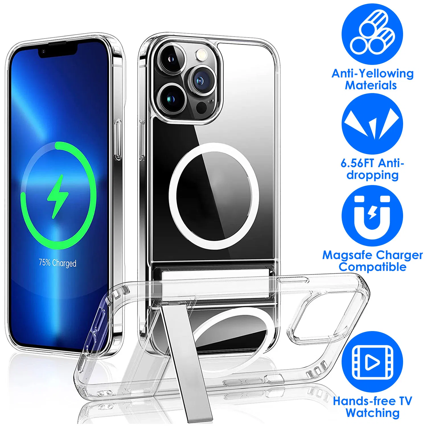 Main product image of Magnetic Metal Kickstand Clear Case Shockproof Anti Yellowing Phone Cover Compatible with Magsafe Fit for IOS Phone