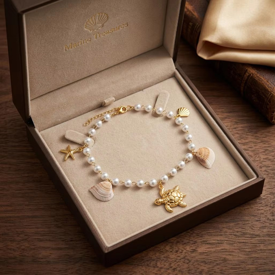 Main product image of Adjustable Stainless Steel Gold Tone Anklet with Pearl, Turtle, Starfish, Shell Charms