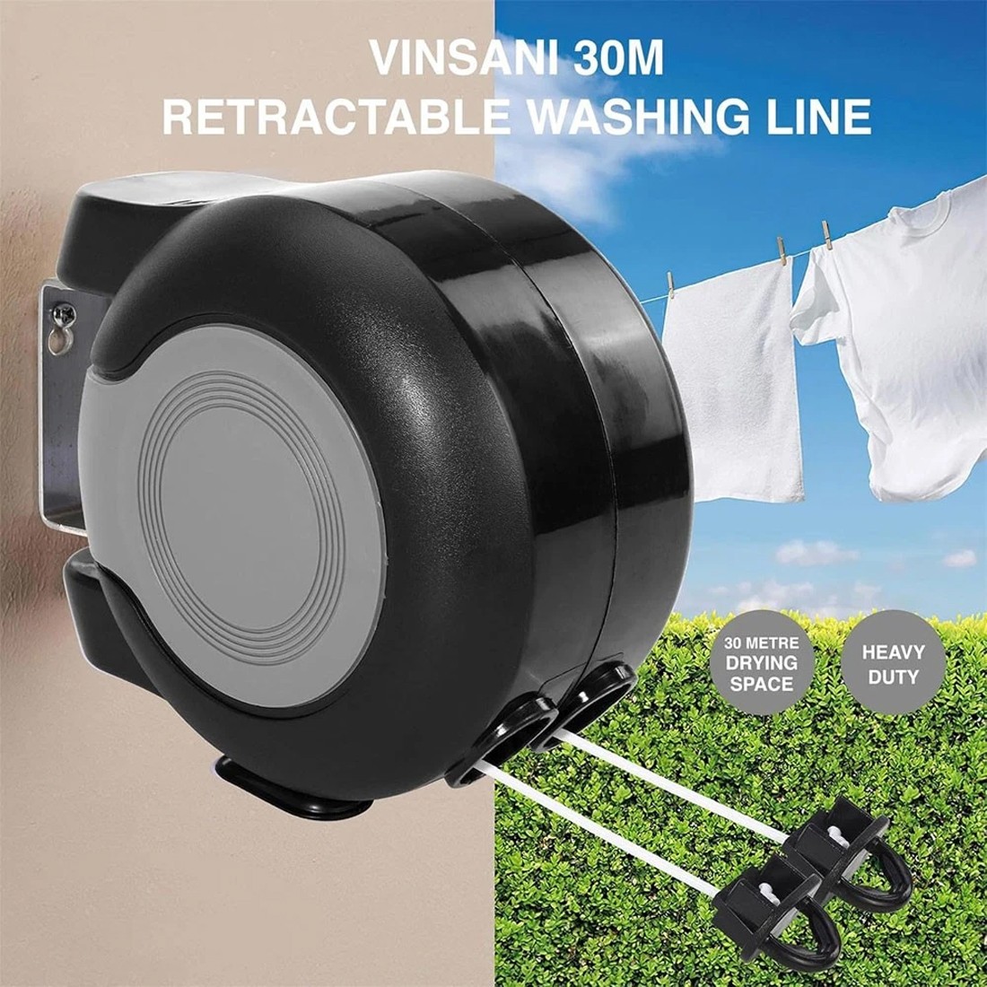 Main product image of 30m Retractable Double Clothesline, Wall Mounted Outdoor Drying
