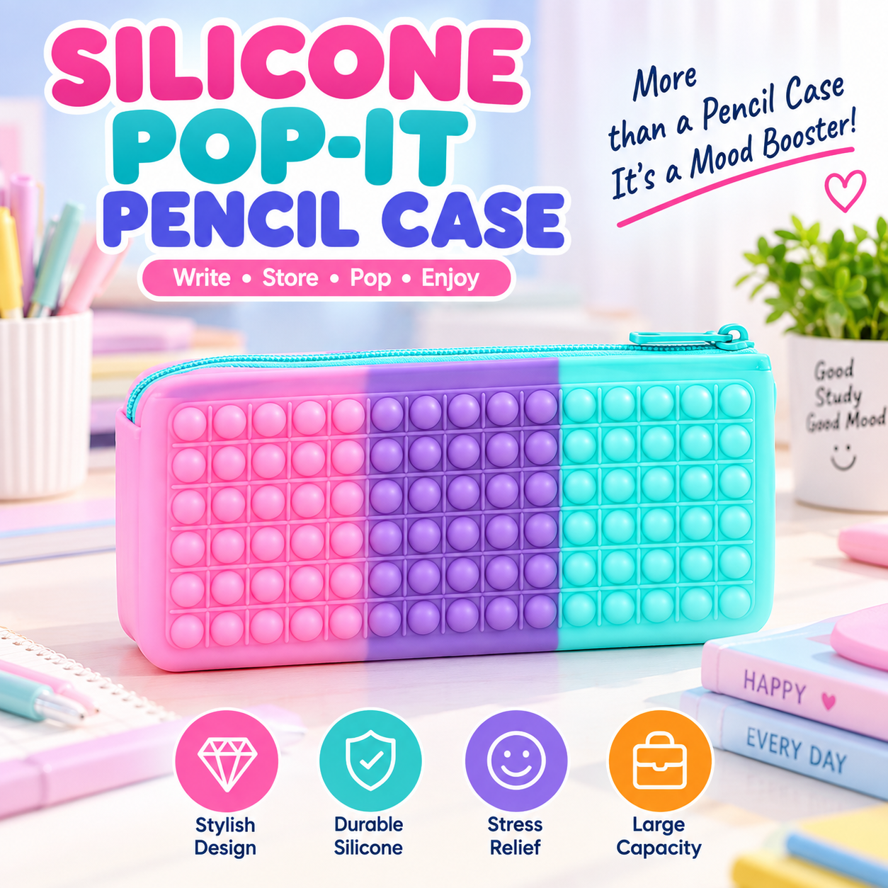 Main product image of Silicone Pencil Case with Zipper Closure, Color Block Design