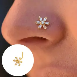 Product image of L-Shaped Nose Stud, Zircon Six-Petal Flower Motif