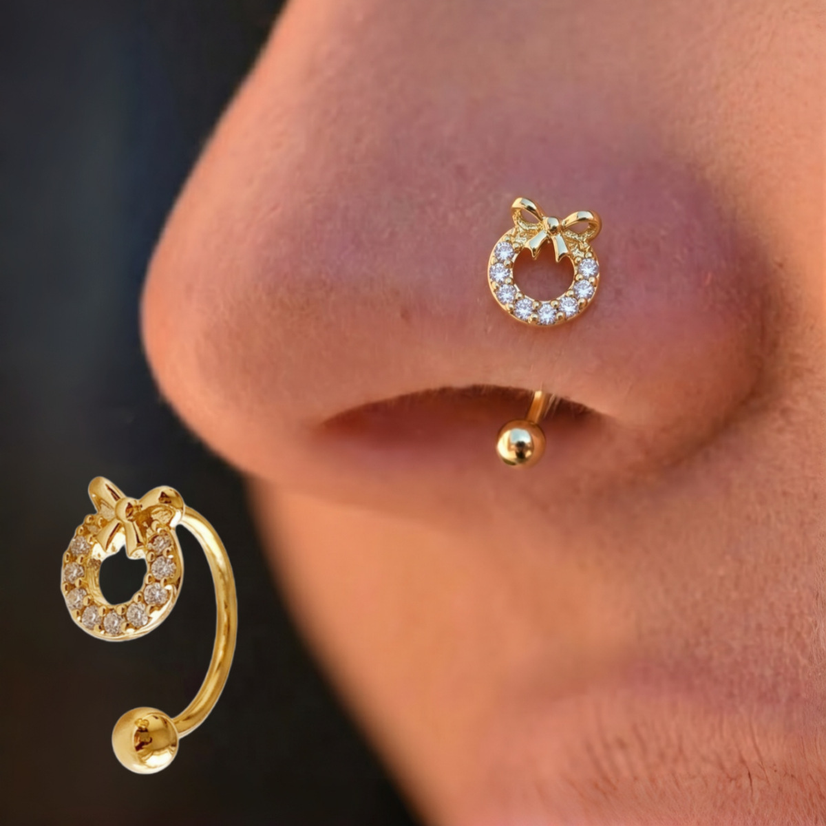 Main product image of Zircon Bow Nose Piercing Stud, C-shaped Spiral