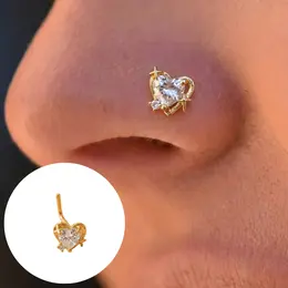 Product image of 1 Pc Heart Zircon L-Shaped Nose Stud, Gold Plated Copper