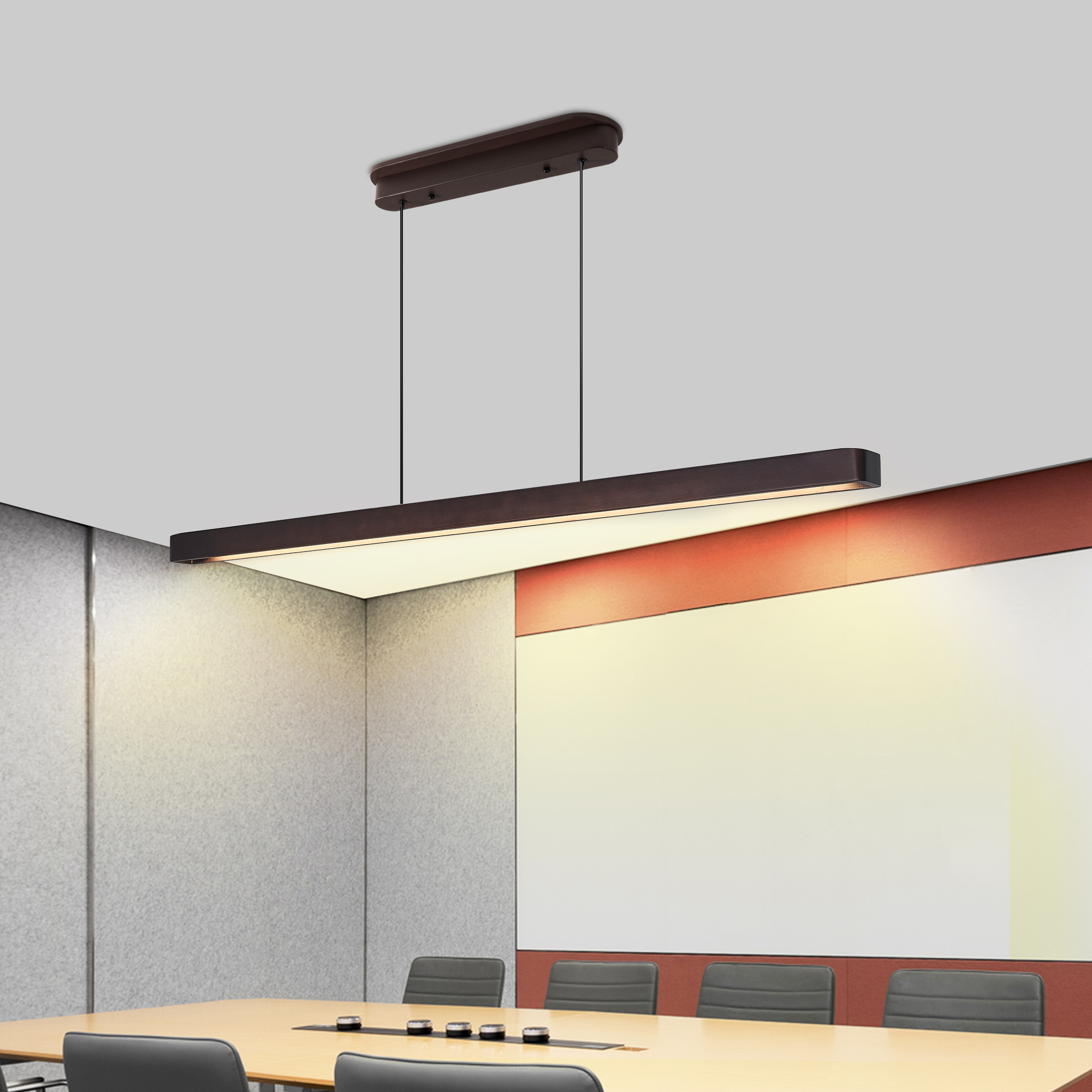 51-inch Walnut Wood Modern LED Pendant Light, Adjustable Hanging Light For Dining Room, Kitchen, Living Room Sleek Walnut Color Finish