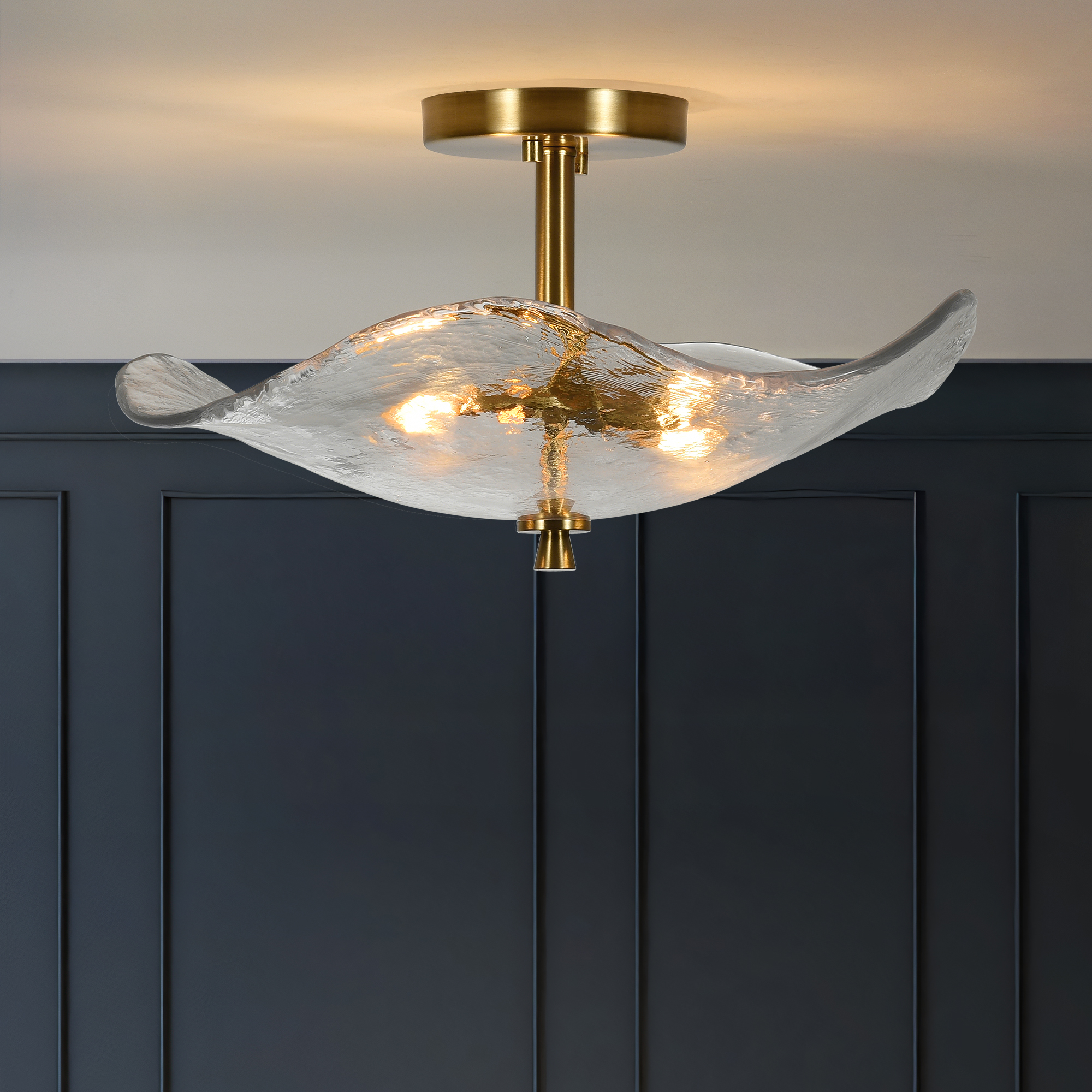 16.5inch Glass Semi Flush Mount Ceiling Light Fixture, 2-Lights Close To Ceiling Light, Modern Gold Ceiling Light Fixture For Bedroom Bathroom Hallway Entryway Kitchen Dining Room