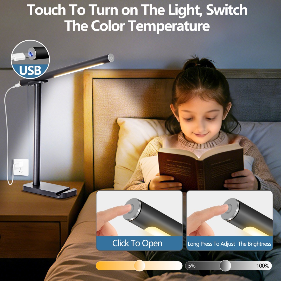 LED Desk Lamp 360 Adjustable, USB Charging Port, 5 Light Modes & Dimmable Brightness, Bedside Lamp For Reading, Craft, Work, Study Black
