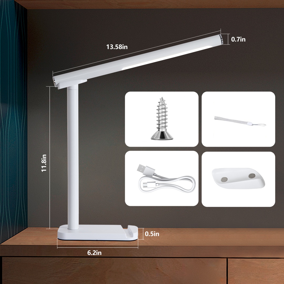 LED Desk Lamp 360 Adjustable, USB Charging Port, 5 Light Modes & Dimmable Brightness, Bedside Lamp For Reading, Craft, Work, Study White