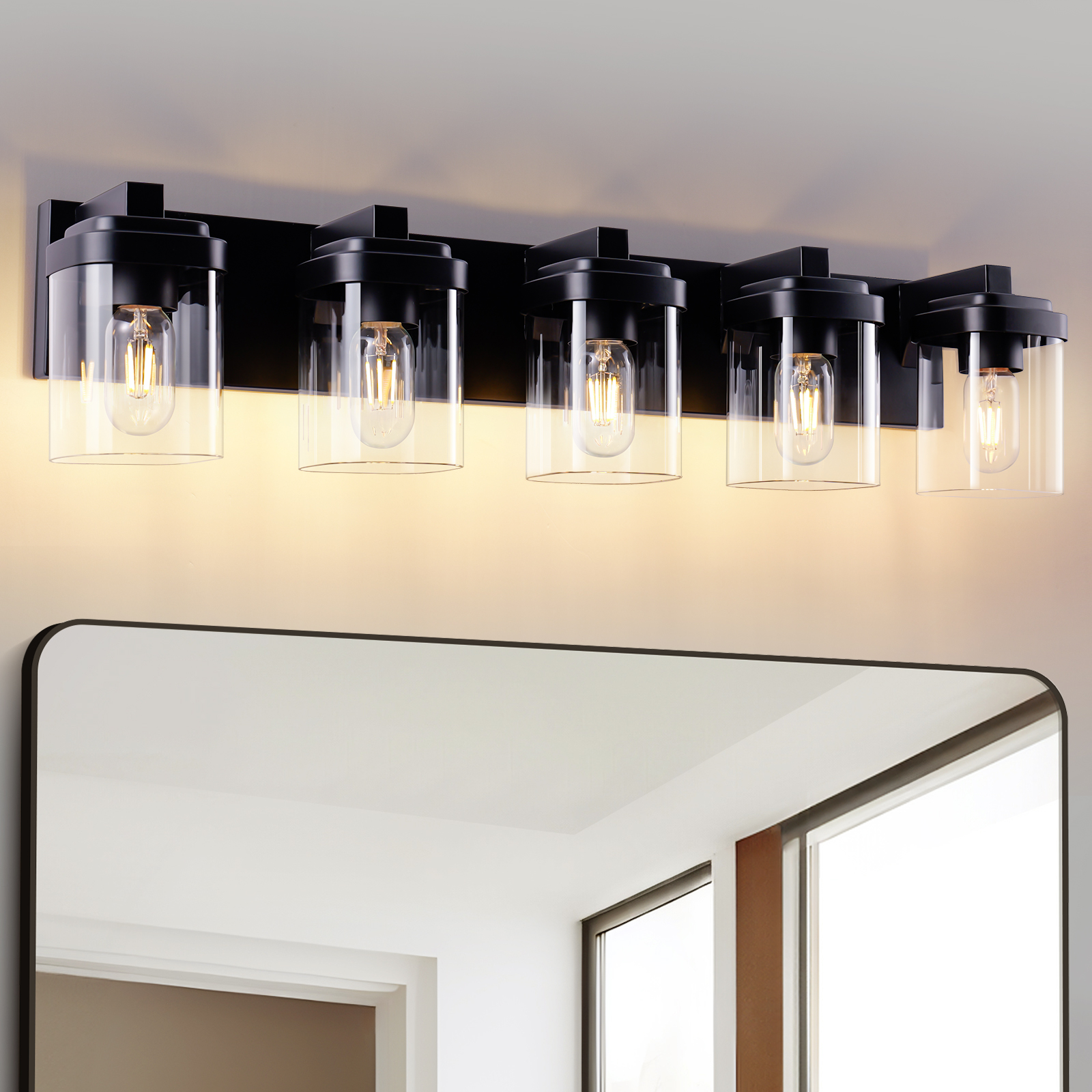 5 Light Bathroom Vanity Light, Matte Black Bathroom Light Fixtures With Clear Glass Shade, Vanity Light Fixtures Over Mirror For Bedroom Living Room NO BULBS