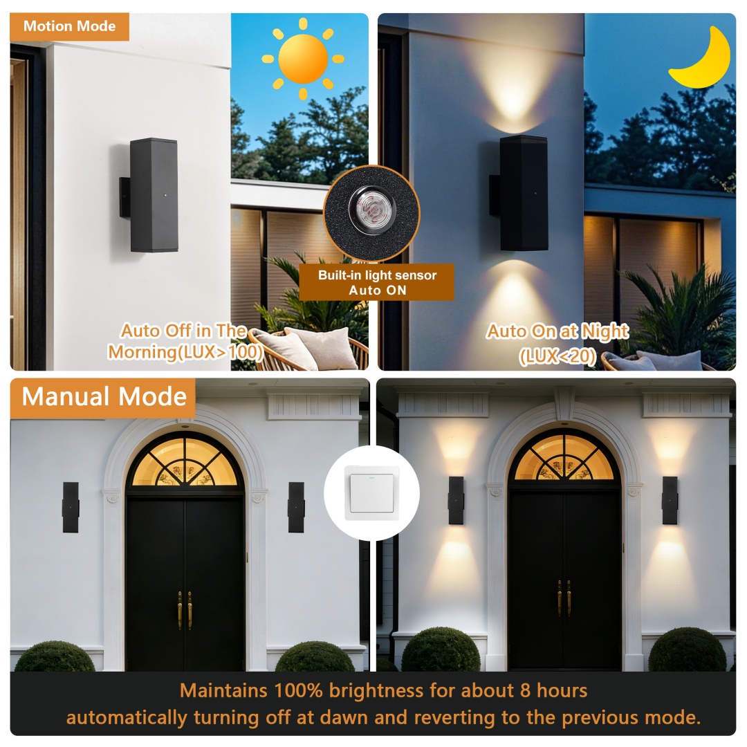 Main product image of Outdoor Wall Light Fixture, Dusk To Dawn Sconce, Square, Black, with Sensor, 2-Pack