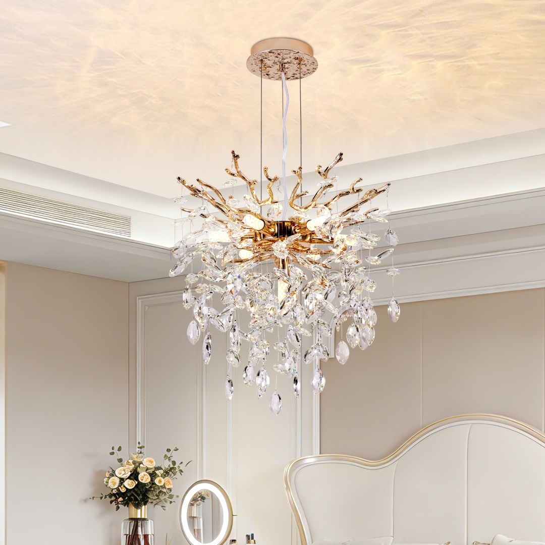 Modern Tree Branch Crystal Chandelier Luxury Gold Crystal Pendant Lighting 18in Contemporary 7-Light Chandeliers For Dining Room Kitchen Bedroom Living Room Bulb Is Not Including