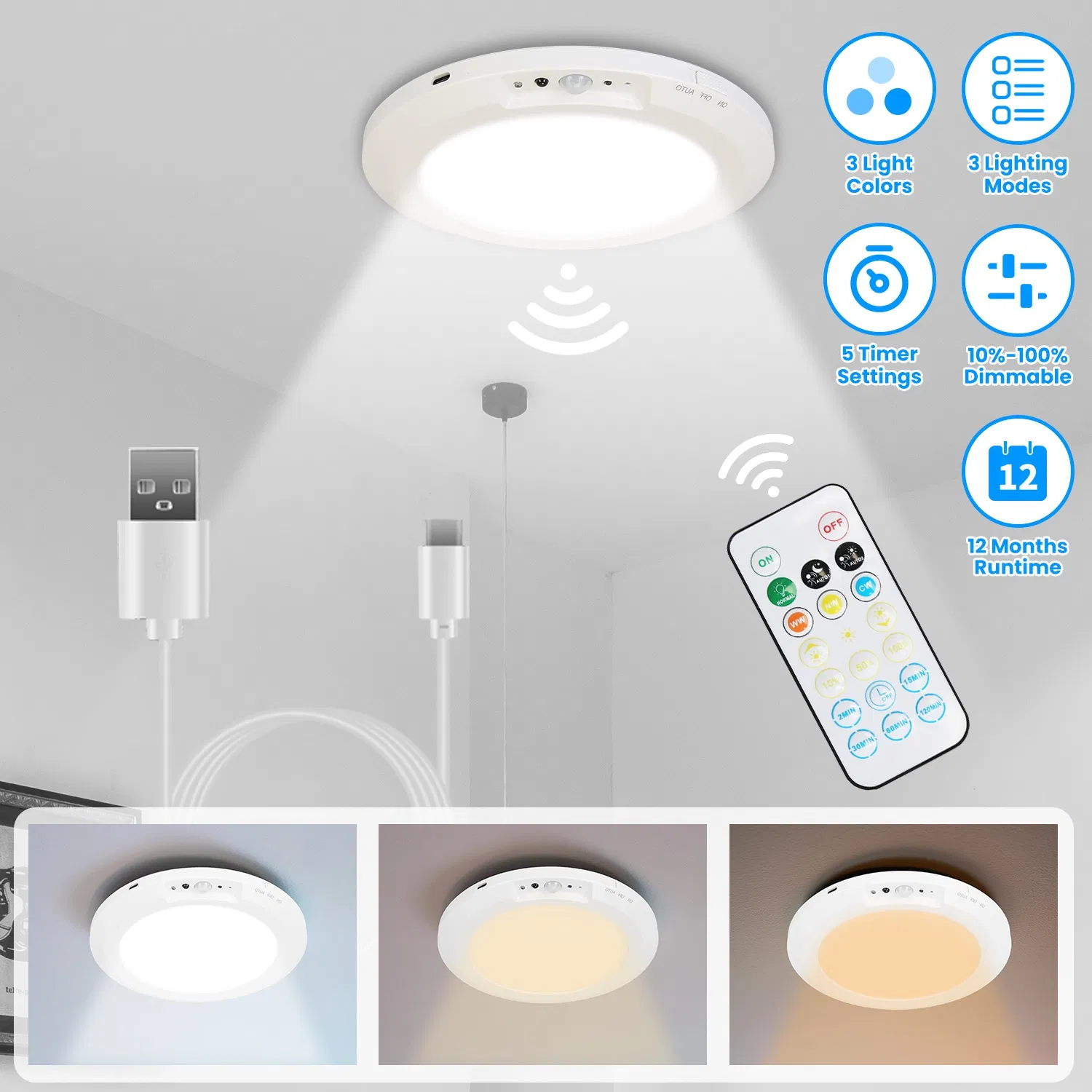 Main product image of Magnetic USB Rechargeable Ceiling Light, PIR Sensor, 3-Color, Dimmable, Dual Control