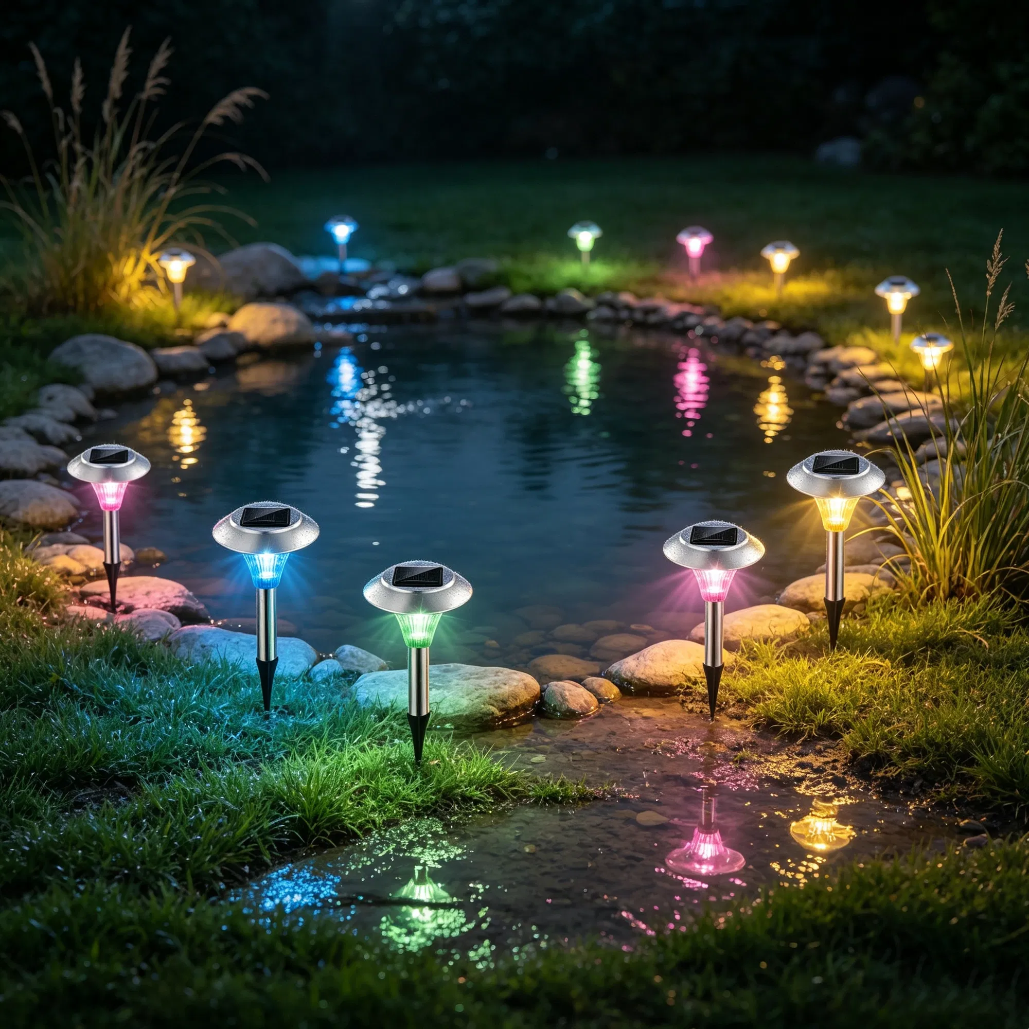 Main product image of 4 Packs Outdoor Solar Garden Pathway Lights, Color Changing LED Landscape Lighting, IP44 Weather-Resistant Stainless-Steel , PC Lights for Backyard Walkway