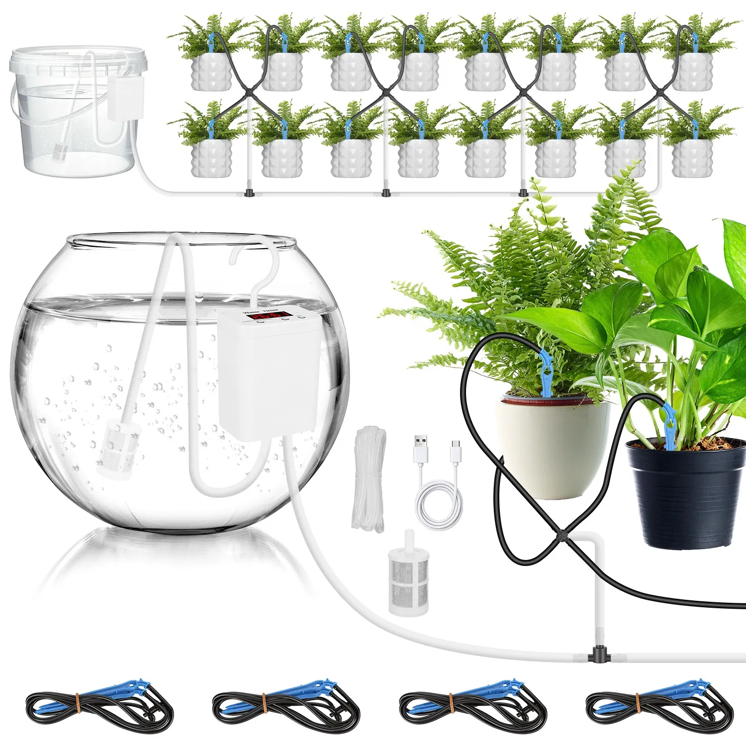 Main product image of Programmable Automatic Drip Irrigation System for Potted Plants, 0-600s Watering Time 1-12H/0-9Day Interval Type-C Rechargeable Cordless Plant Waterer with LCD Display