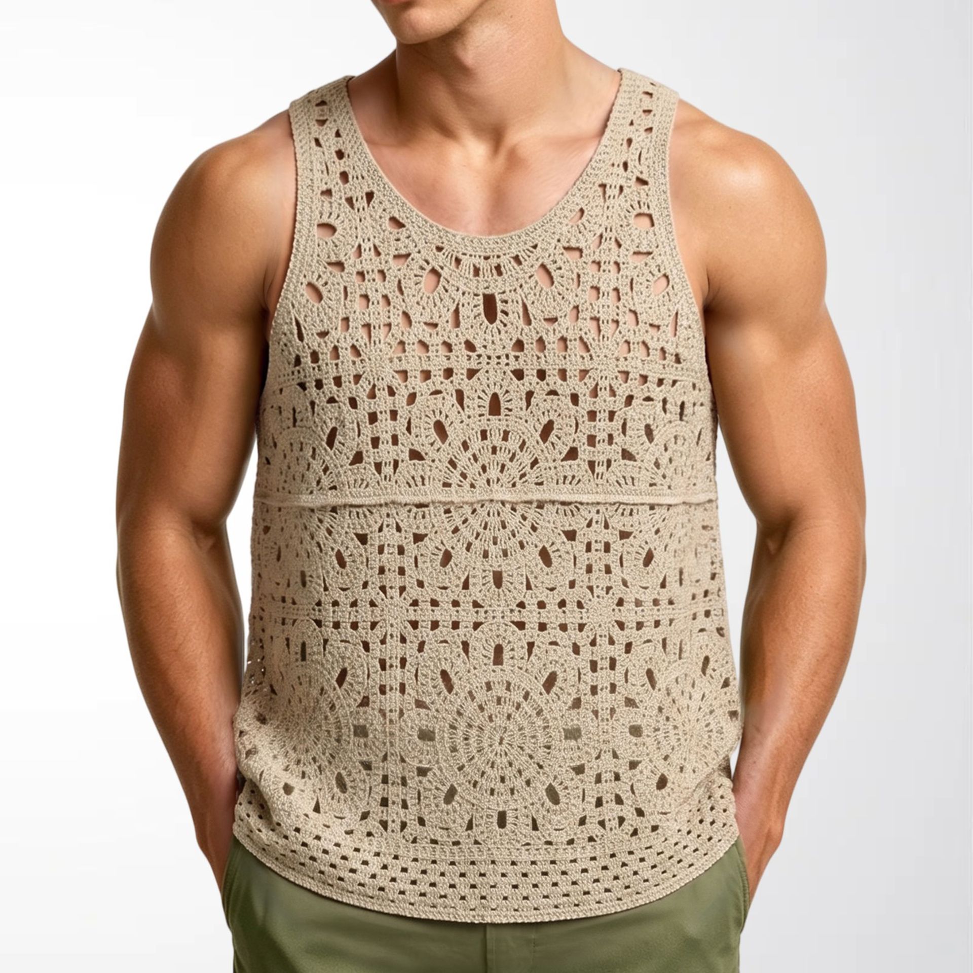Vintage Crochet Hollow-out Sleeveless Vest, Loose Lazy Style Knit Casual Top For Summer, Cross-border Men's Clothing