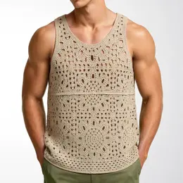 Vintage Crochet Hollow-out Sleeveless Vest, Loose Lazy Style Knit Casual Top For Summer, Cross-border Men's Clothing