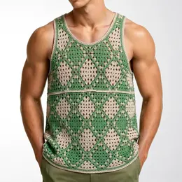 Men's European And American-style Hollow-out Knit Vest With Green And Apricot Color-blocked Diamond Pattern, Water-soluble Crocheted Sleeveless Top