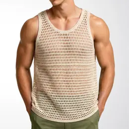 Men's Vintage Lazy Knit Hollow Vest, Versatile Mesh Sleeveless Top For Fitness, Export Apparel For Men