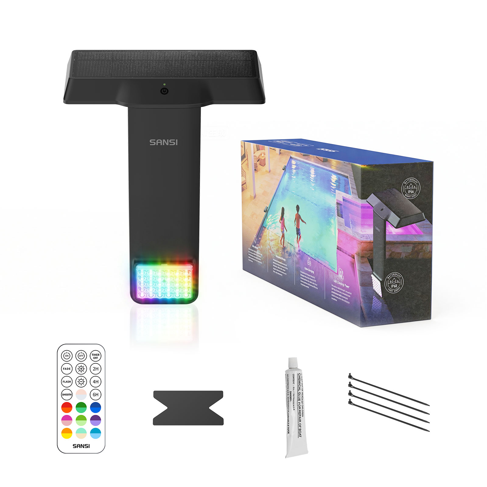 SANSI Solar Poolside RGB Light With Remote Rechargeable IP68 Waterproof Pool Light For Inground & Above Ground Pools ,20 Color,4 Modes ,5 Brightness, Decorative Outdoor Lighting