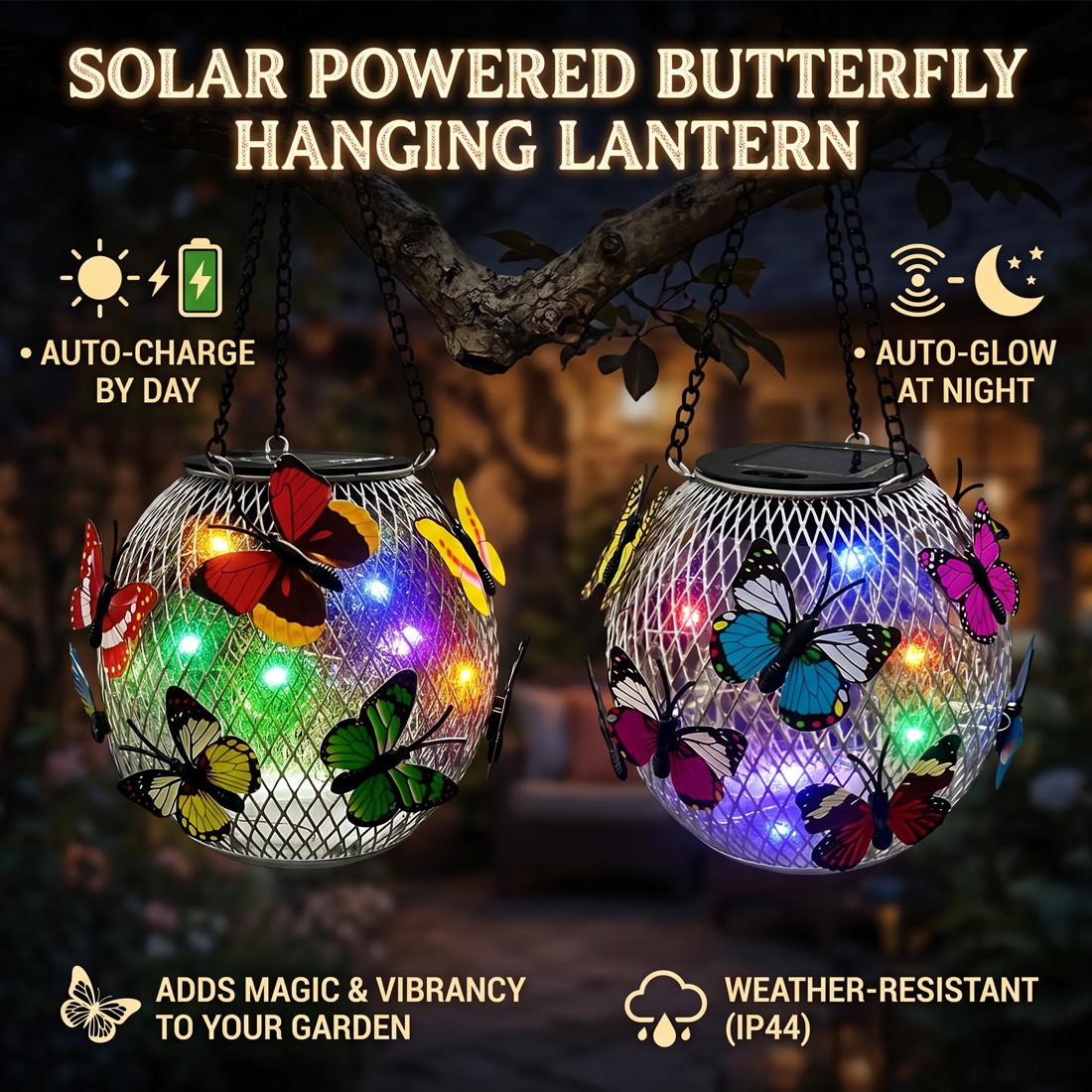 Main product image of 2pcs Hanging Butterfly Pendant Solar Power LED Light Mesh Orb Yard Garden Decor