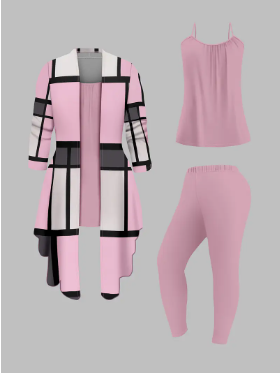Women's 3 Suits, Printed Cardigan Jacket With Solid Color Casual Pants Vest Everyday Suit