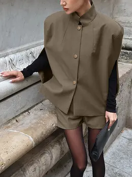 Sleeveless Stand-up Collar Cape Vest Two-piece Set
