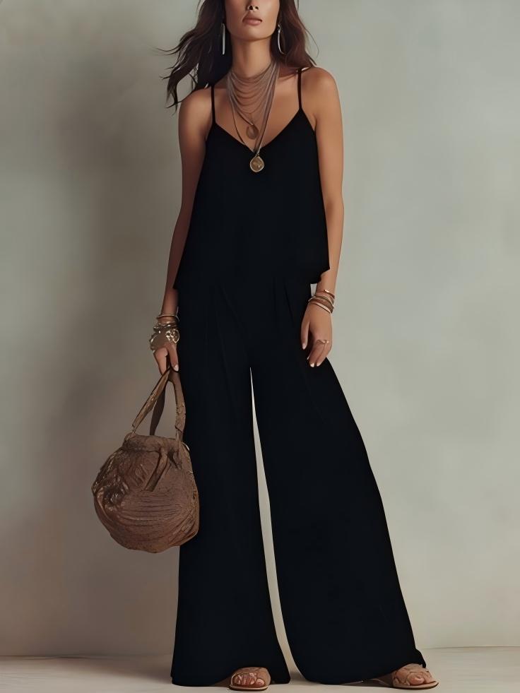 Square Neck Loose Cami Crop Top & High Waist Flowy Wide Leg Pants Two Piece Vacation Outfit Set