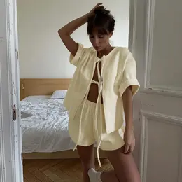 Terry Cloth Tie Front Short Sleeve Jacket & Elastic Waist Casual Shorts 2-Piece Loungewear Set