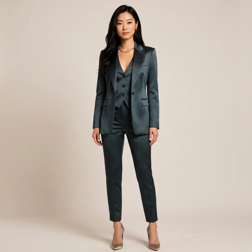 Classic Solid-color Satin Three-piece Set-vest&blazer& Straight-leg Trousers