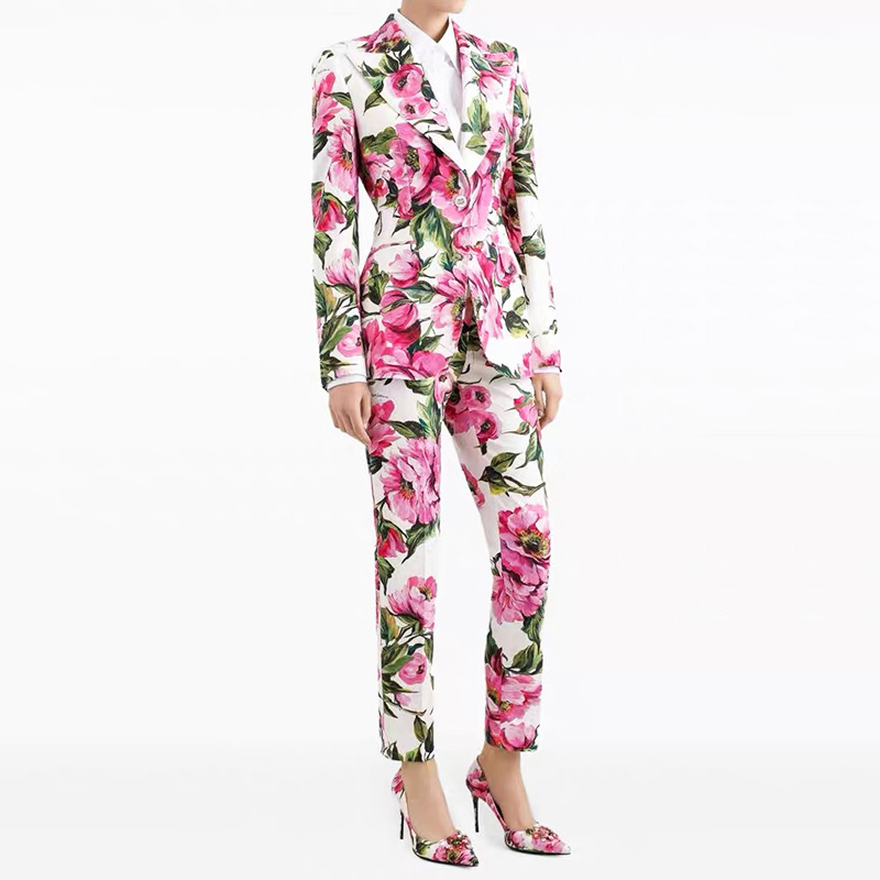 Floral Print Single Button Blazer & Straight Floor Pants 2-Piece Suit Set