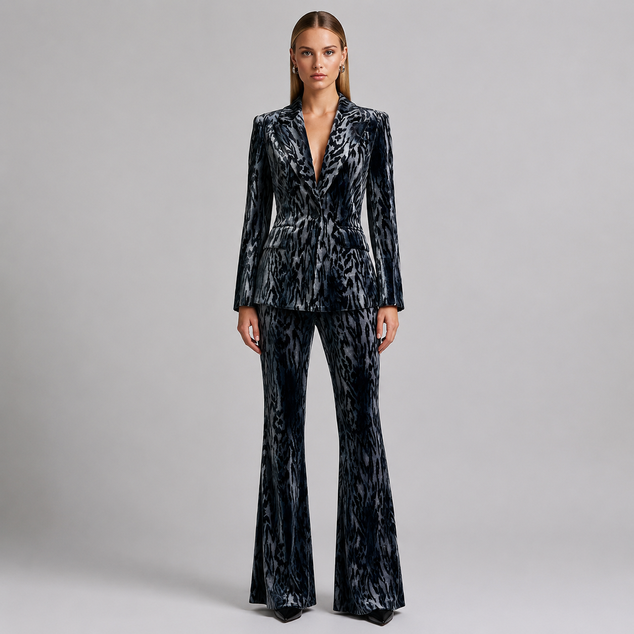Teal Abstract Leopard Velvet Blazer & Flared Floor Pants 2-Piece Suit Set